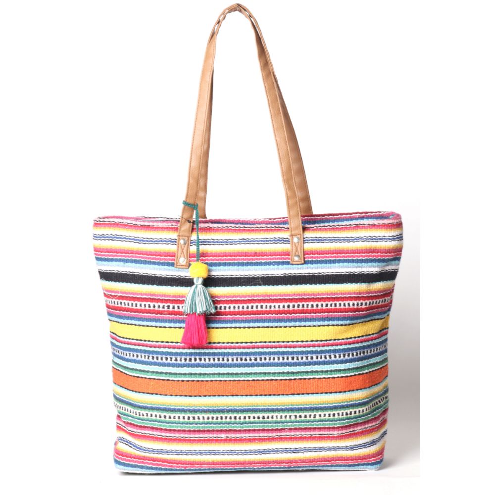 Women Multi Jacquard Shopper Bag With Tassel