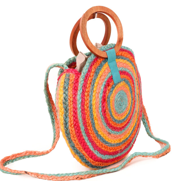 Women Round Multi Color Jute Bag With Wood Handles