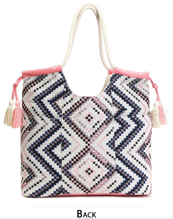 Astrid Women Pink Aztec Jacquard Cotton Rope Shoulder Bag With Tassels