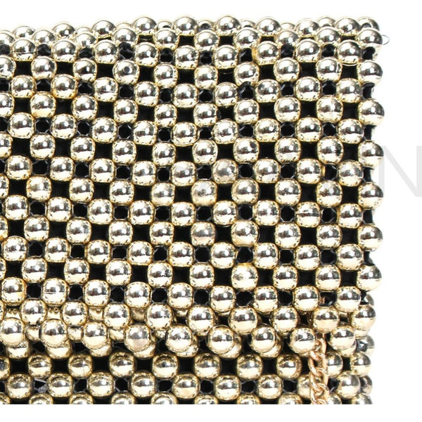 Women Gold Beaded Clutch With Metal Chain Strap