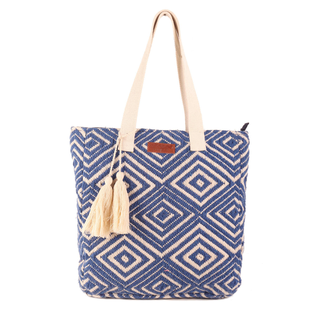 Women Blue Diamond Shopper Bag With Tassels