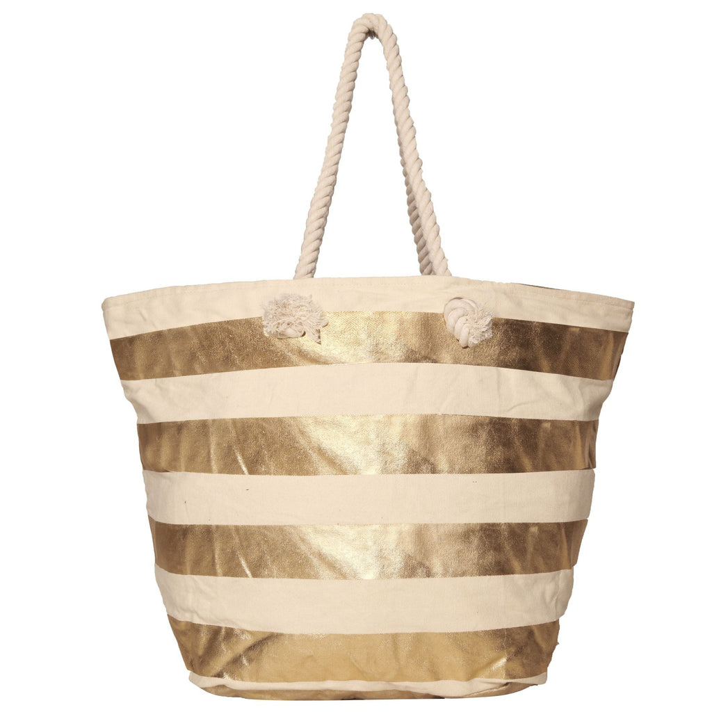 Women Golden Stripe Oversized Shopper Bag With Rope Handles