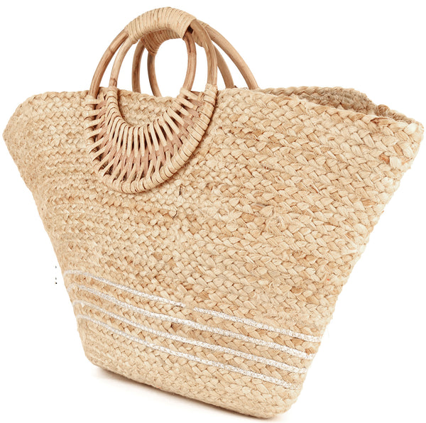 Silver Natural Braided Jute Bag With Wicker Handle