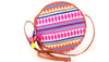 Pink Orange Jacquard Round Sling Bag With Pompom Tassel