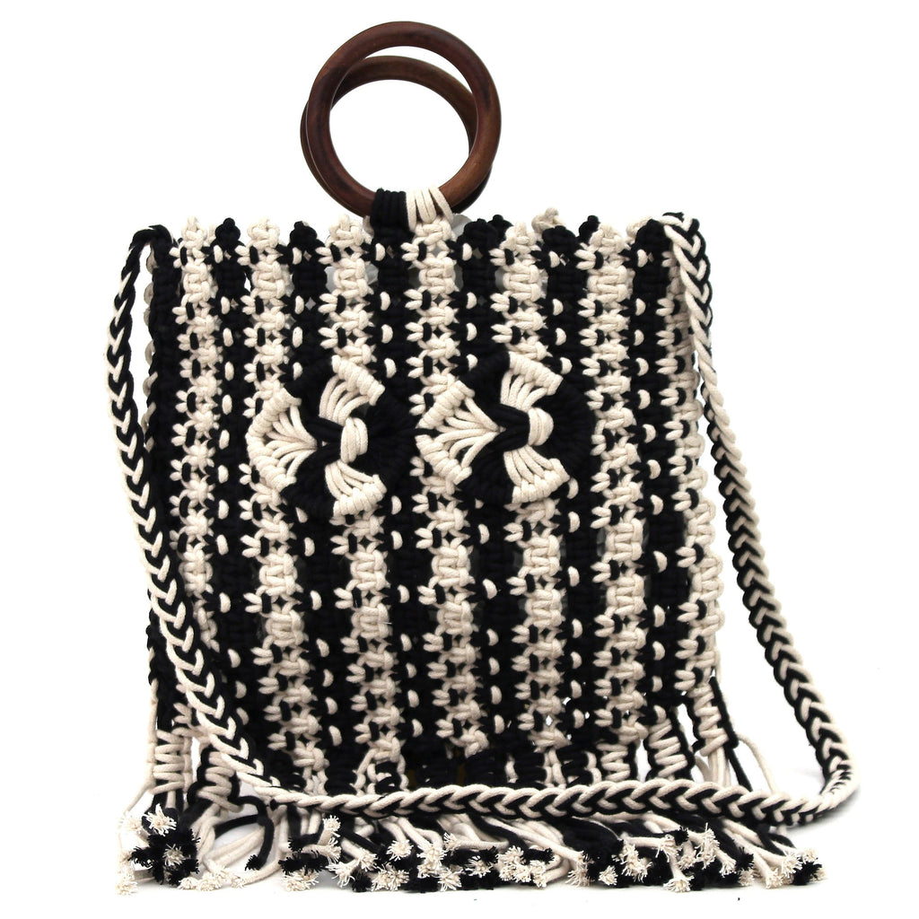 Natural Cotton Macrame Bag With Wooden Handle