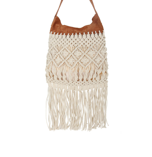 Natural Cord With Real Suede Macrame Crossbody Bag