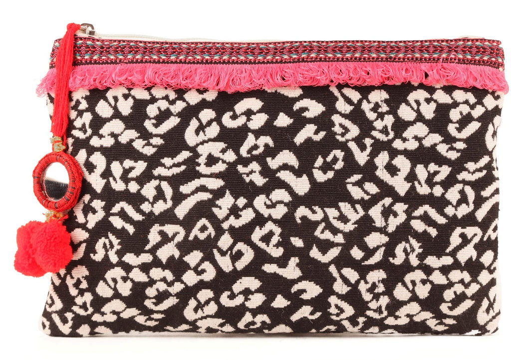 Black Leopard Pattern Woven Makeup/Travel Pouch With Tassels