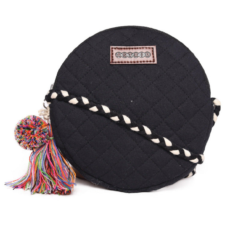 Black Color Cotton Quilted Round Womens Sling Bag Medium Size