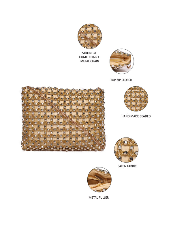 Golden Beaded Clutch With Metal Chain Strap