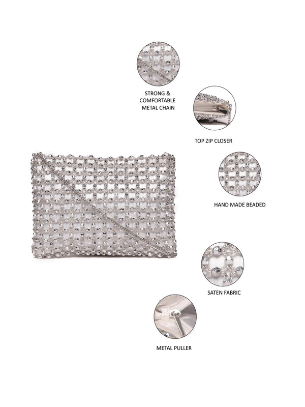 Silver  Beaded Clutch With Metal Chain Strap