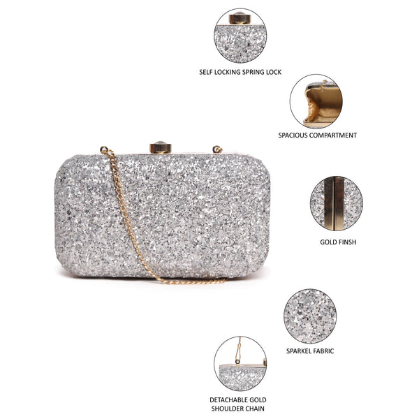 Embllished Silver Jewel Box Clutch With Sling Strap