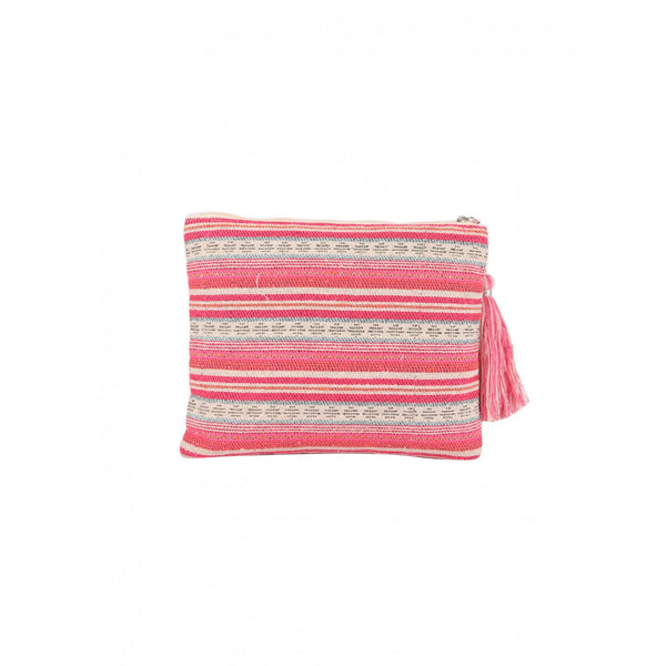Womens Multi Colour Striped Woven Makeup/Travel Pouch With Tassels