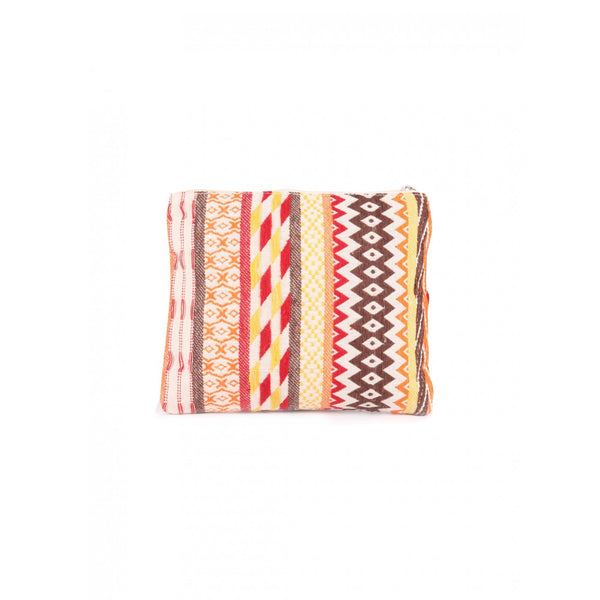 Womens Cream With Red Colour Multi Pattern Makeup/Travel Pouch With Tassels