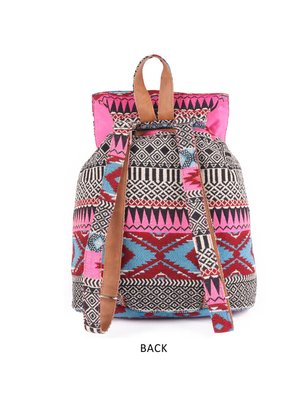 Pink Multi Cotton Dhurry Girls Backpack Medium Size