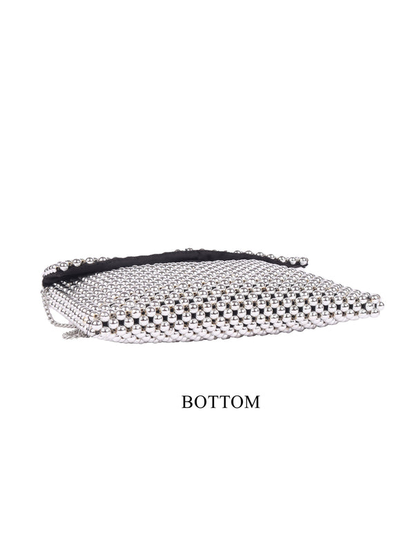 Silver Beaded Clutch With Metal Chain Strap