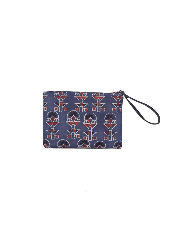 Navy Color Printed Pouch With Pu Wrist Handle