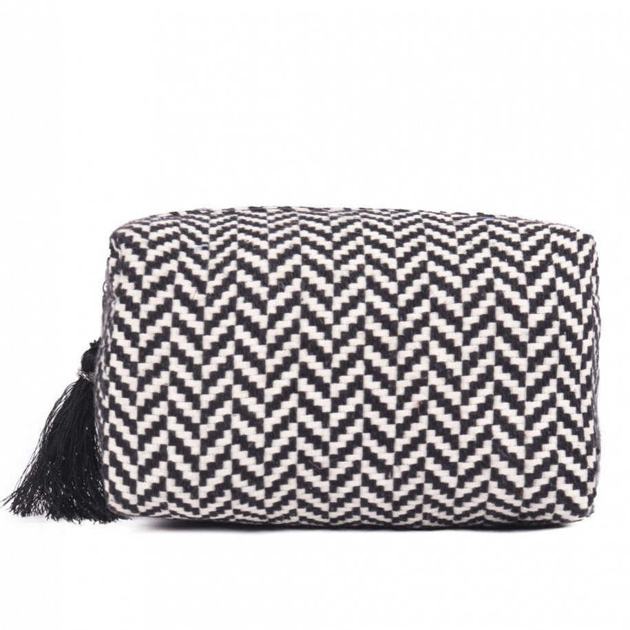Womens Black & White Chevron Woven Makeup/Travel Pouch With Tassels