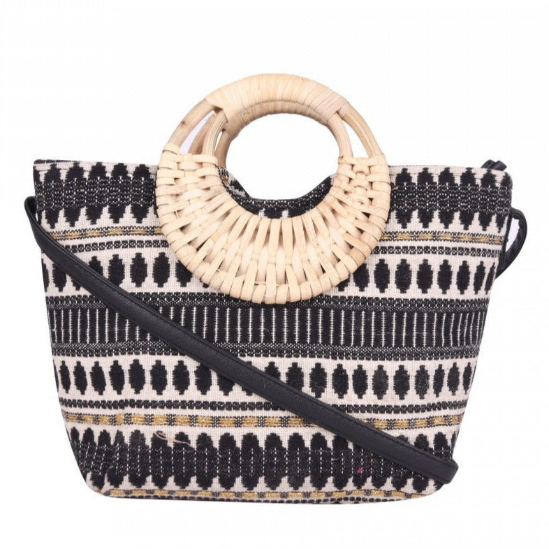 Women Black & White Sling Bag With Wicker Handle And Pu Strap