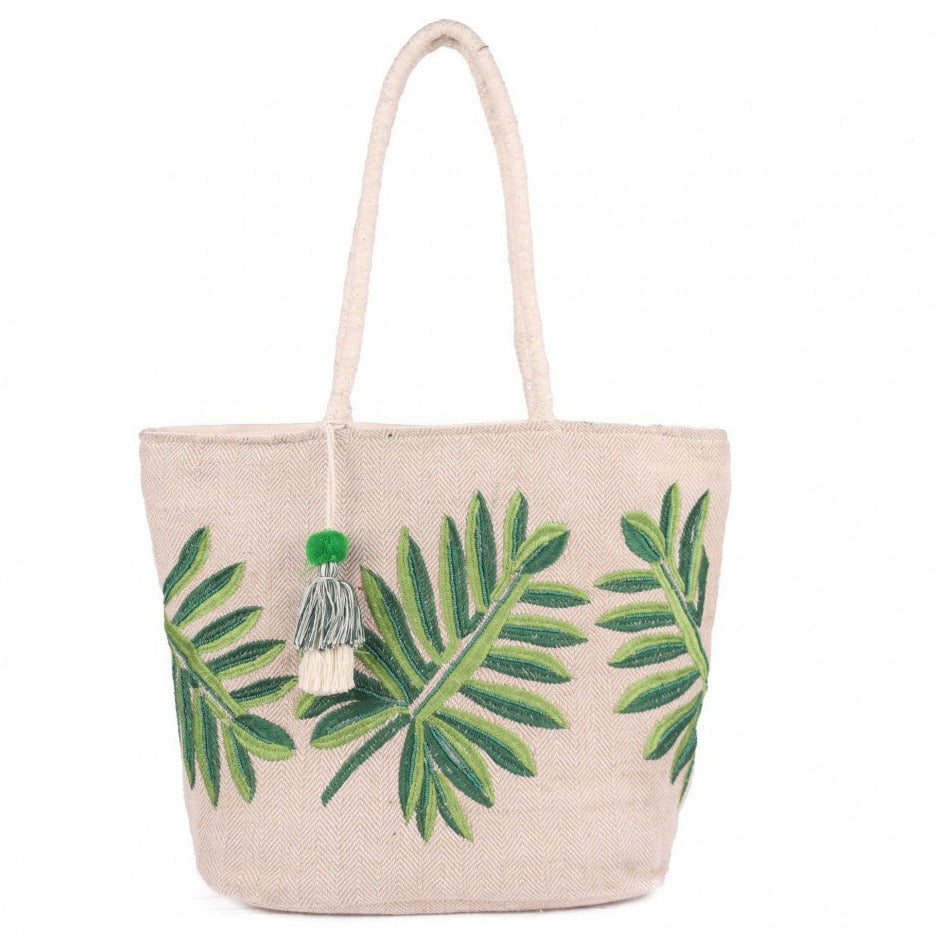 Leaf Embroidery Jute Cotton Shopper Bag
