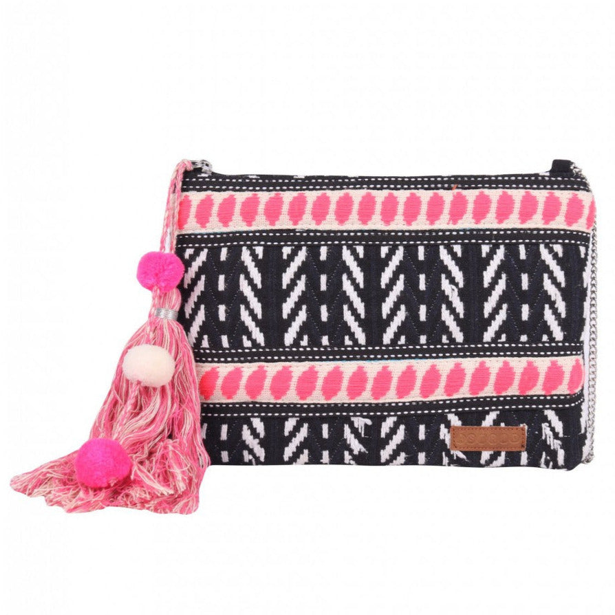 Women Black Textured Pouch With Chain