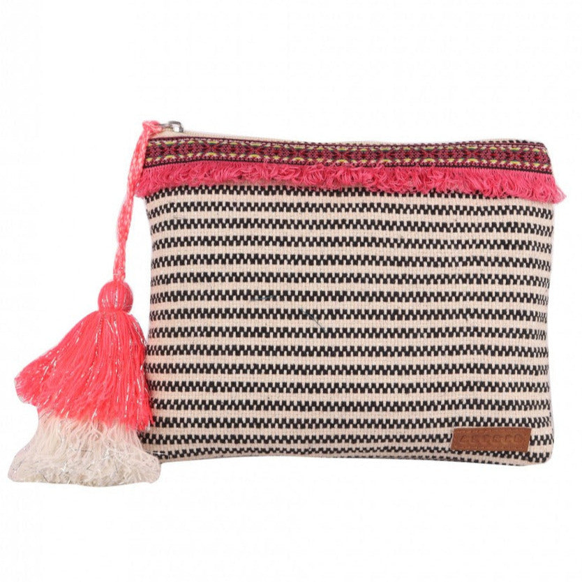Womens White With Black Colour Striped Woven Makeup/Travel Pouch With Tassels