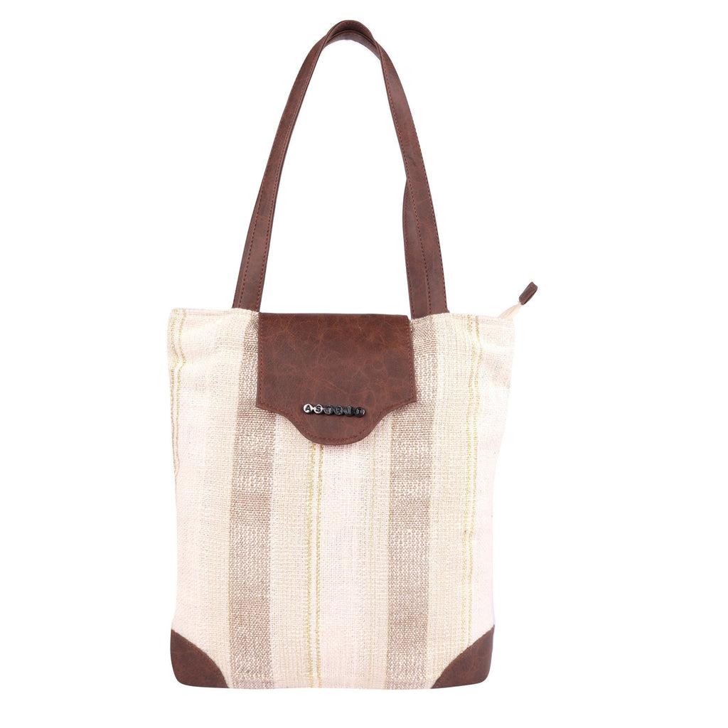 White Womens Tote With Brown Flap Bag Medium Size