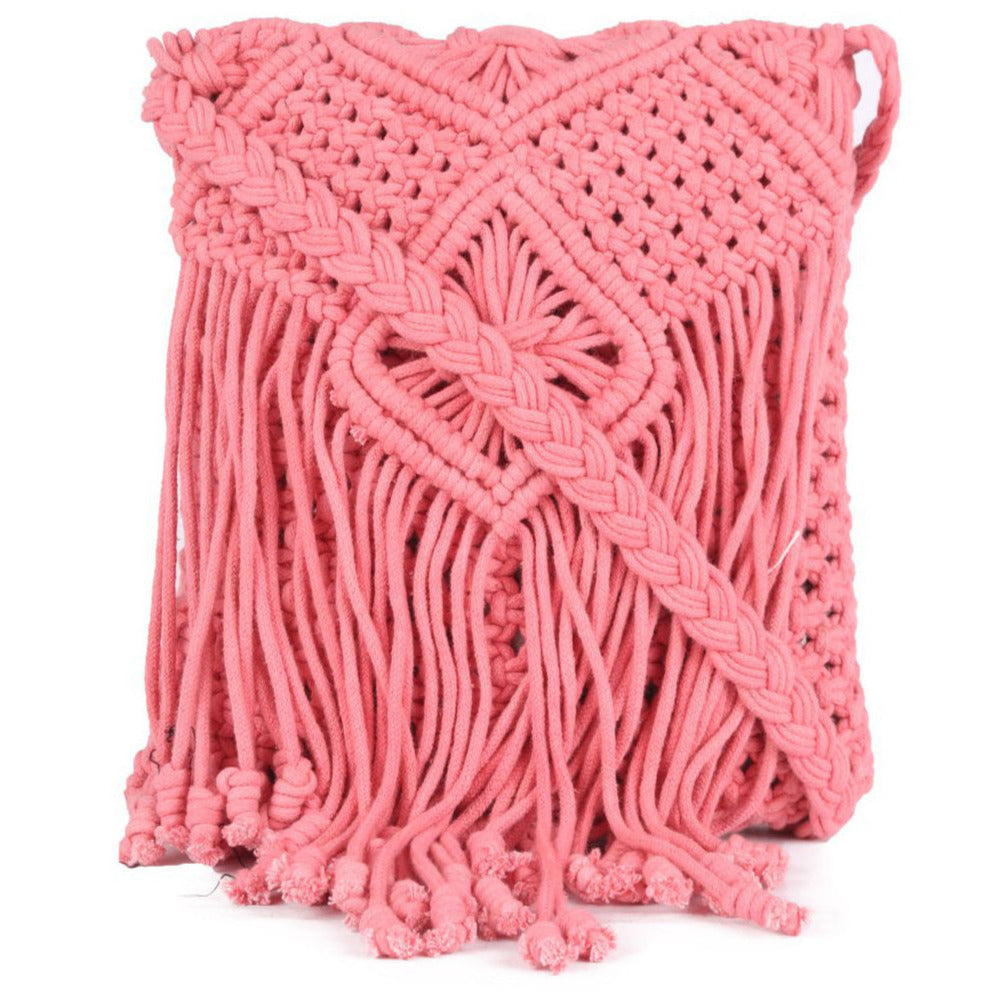 Pink Macrame Flapover Crossbody Sling Bag