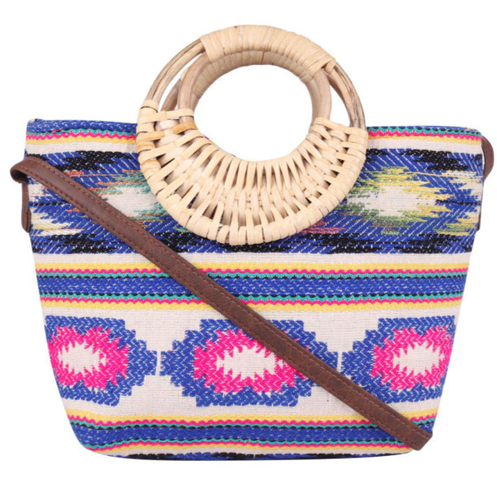 Blue& Pink Sling Bag With Wicker Handle And Pu Strap