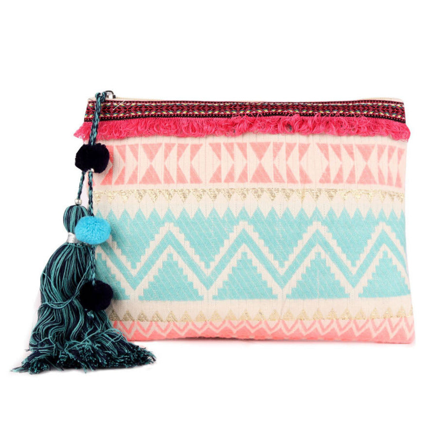 Multi Birght Pastel Woven Makeup/Travel Pouch With Tassels