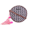 Purple Jacquard Round Sling Bag With Pompom Tassel