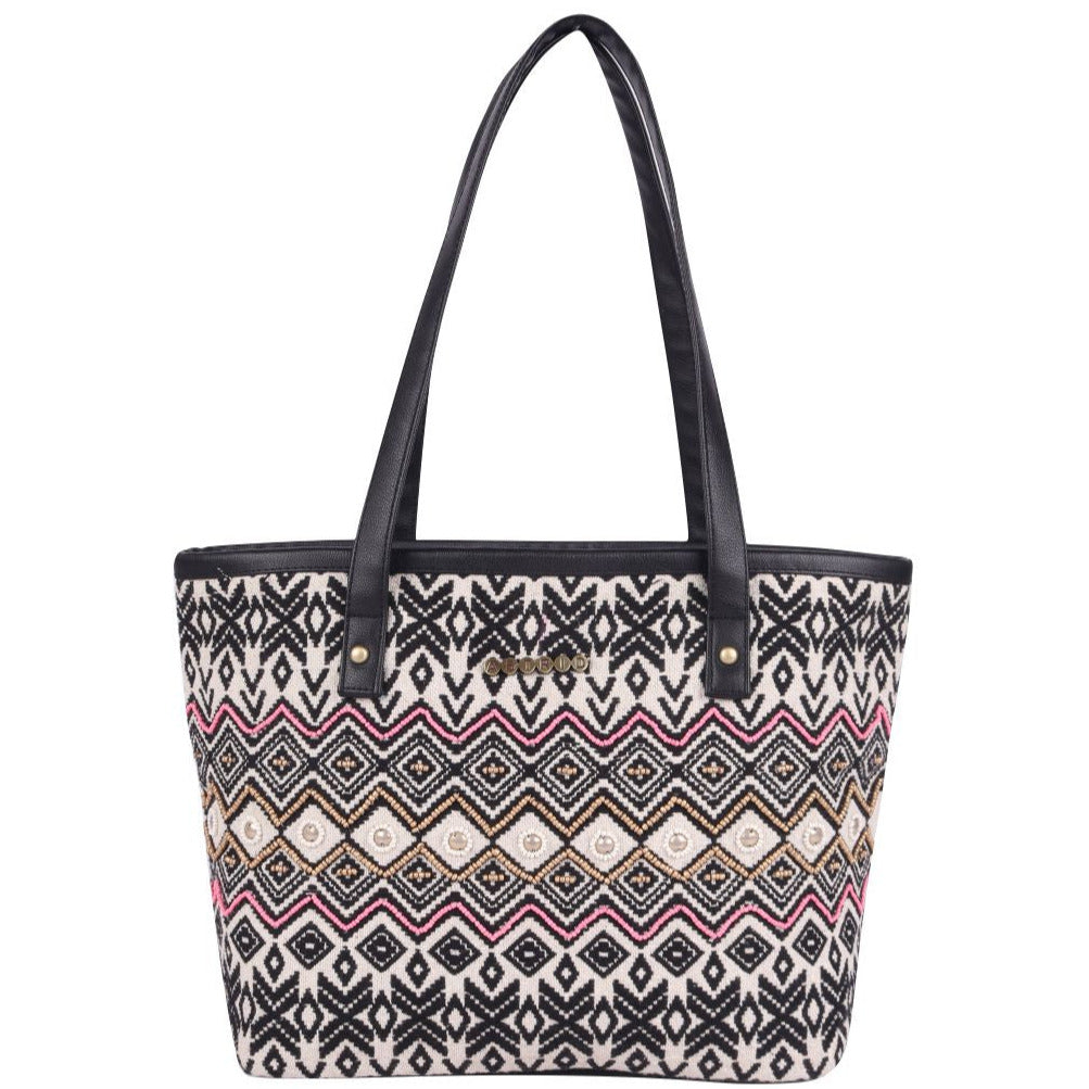 Womens Black Beaded Embroidered Woven Tote Bag