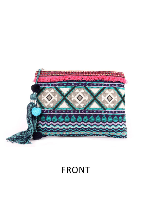 Green With Blue Colour Multi Pattern Woven Makeup/Travel Pouch With Tassels