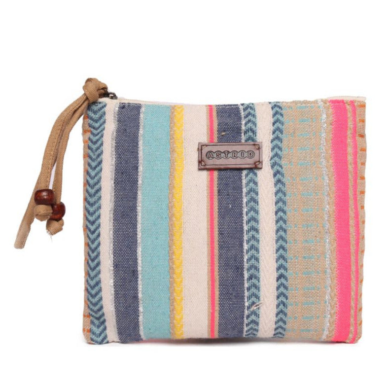 Multi Colour Striped Woven Makeup/Travel Pouch With Tassels