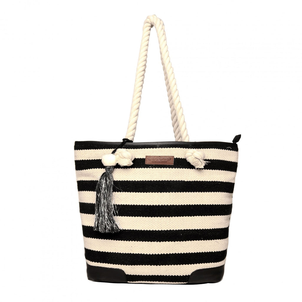Women Black & White Striped Womens Tote Bag Medium Size With Beautiful Tassel