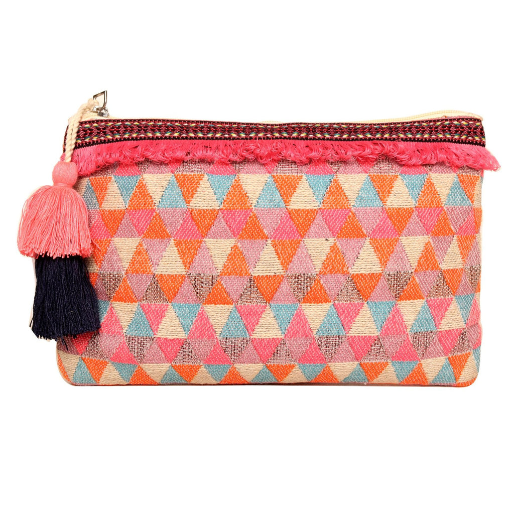 Multi Triangle Pattern Woven Makeup/Travel Pouch With Tassels