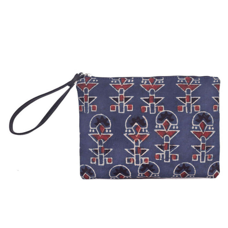 Navy Color Printed Pouch With Pu Wrist Handle