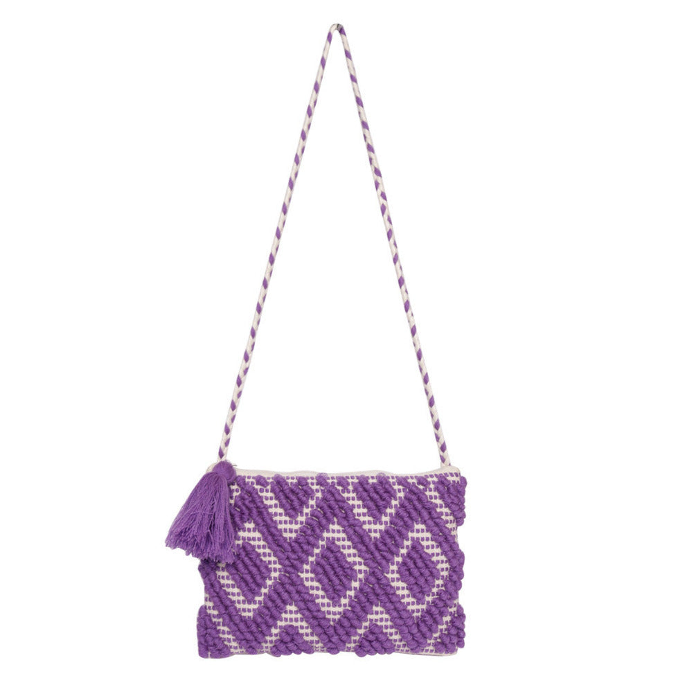 Purple Colour Handloom Makeup/Travel Pouch With Beautiful Tassel And Braided Shoulder Handle