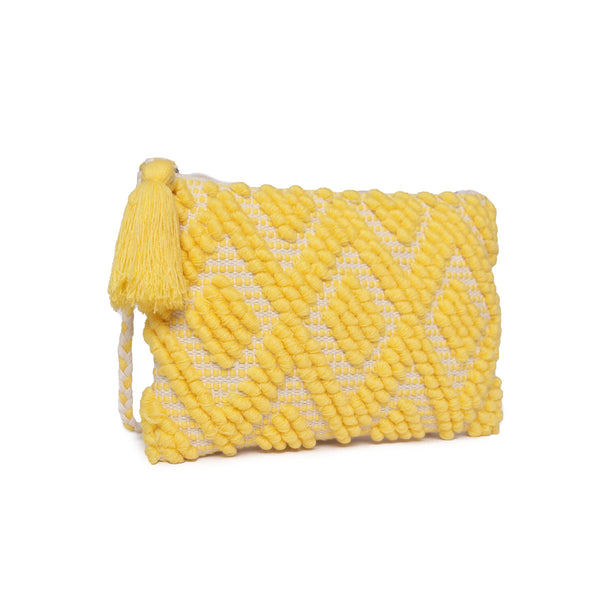 Yellowcolour  Handloom Makeup/Travel Pouch With Beautiful Tassel And Braided Shoulder Handle