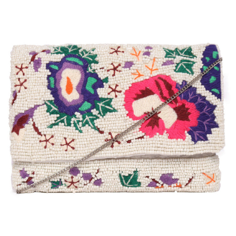 Flapover  Beaded Nd Embroidery  Clutch With Metal Chain