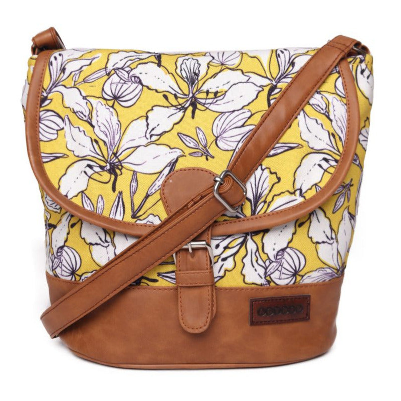 Mustared Base With Flower Print Womens Sling Bag Medium Size