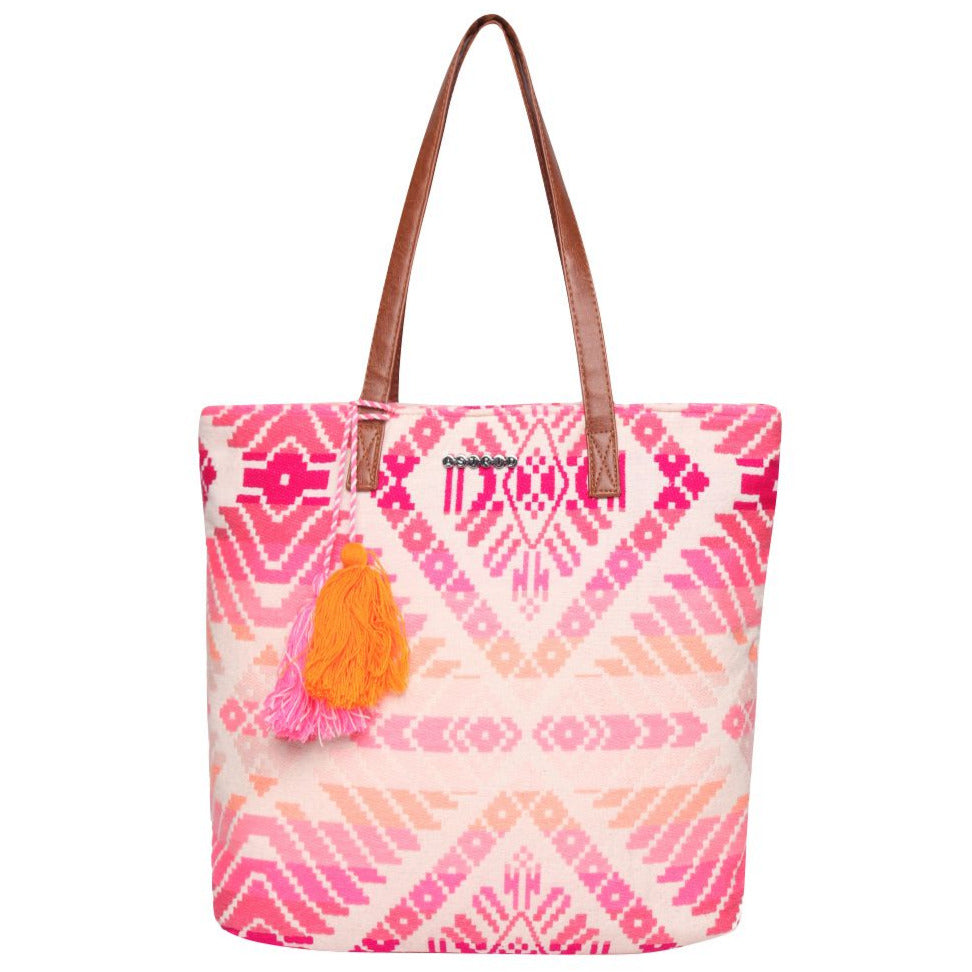 Pink Jacquard Shopper Bag With Tassel